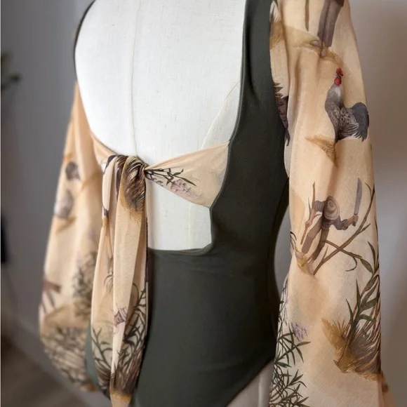 Elegant Olive Bodysuit with Printed Sleeves - Picture 9 of 11